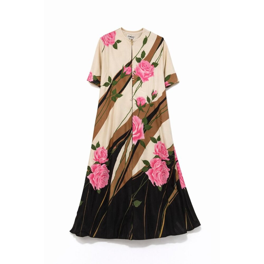 Vintage 1960s Butterfield 8 Big Flower Rose Half Zip House Robe Kaftan Dress, M - Picture 2 of 7